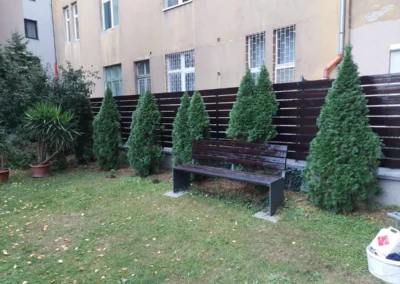 Sötét fa belátásgátló kerítés kertben örökzöld sövény mellett